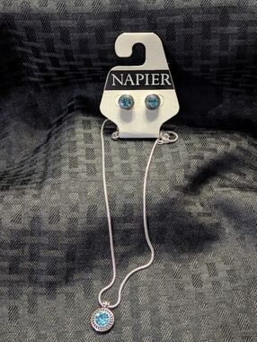 Napier Silver-Tone / Aqua Necklace and Earrings Set.